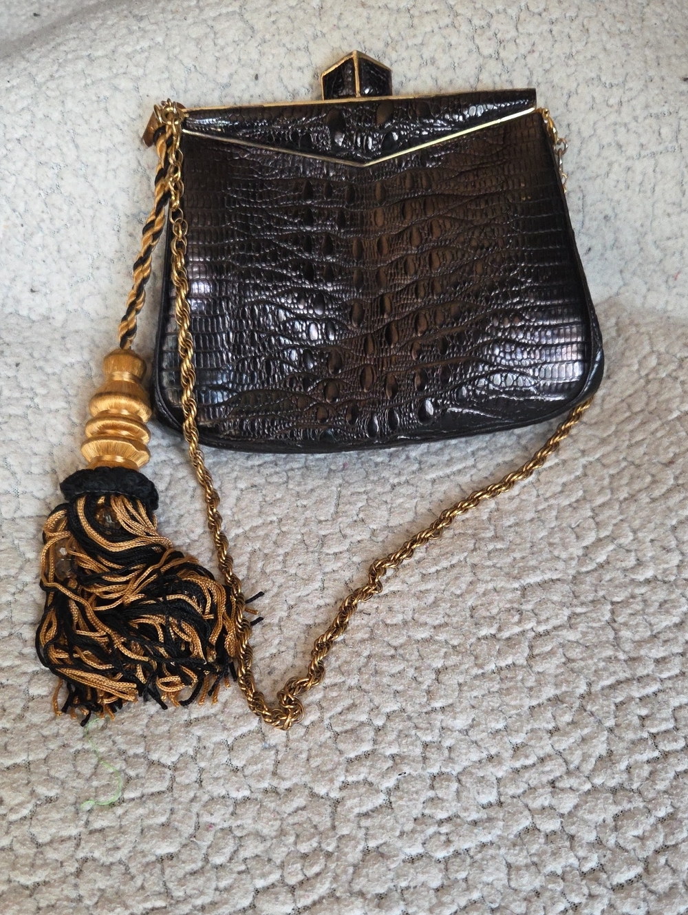 Black Judith Leiber Mini Bag with Gold Chain and Tassel